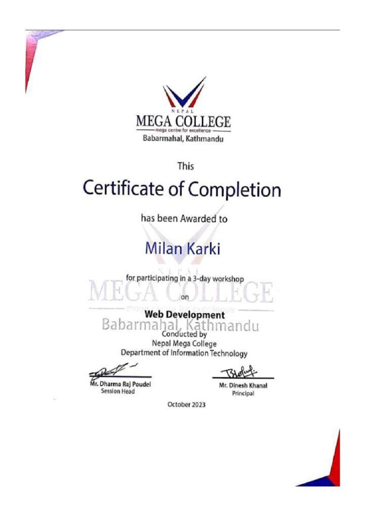 Milan Karki- Social Media Manager in Nepal (Website development Training Certificate )