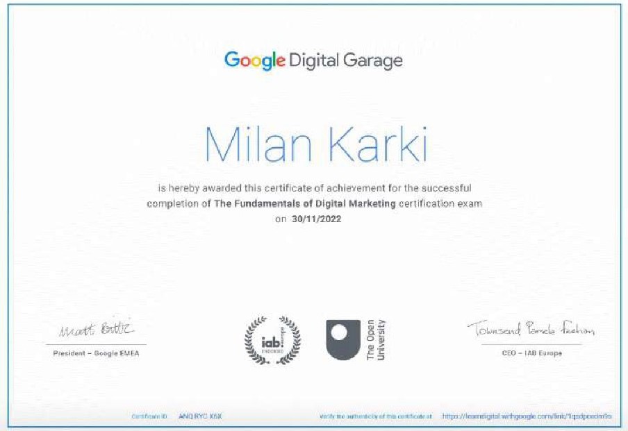 Milan Karki Google Digital Garage Certificare